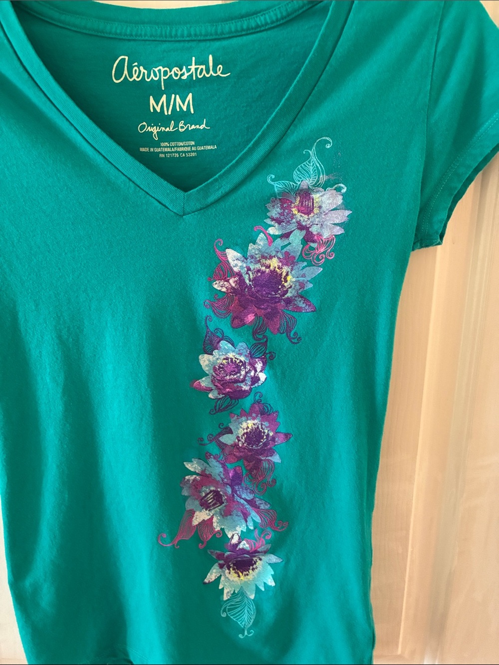 Aeropostale Teal colored V-Neck Tee with Purple & Blue Sparkly Floral Accent - Picture 2 of 5